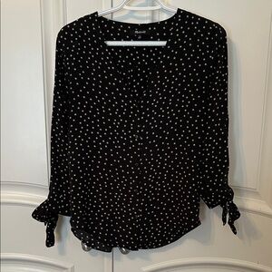 Madewell 100% Silk - Black Star Print - Button-Front Blouse with Tie Cuffs